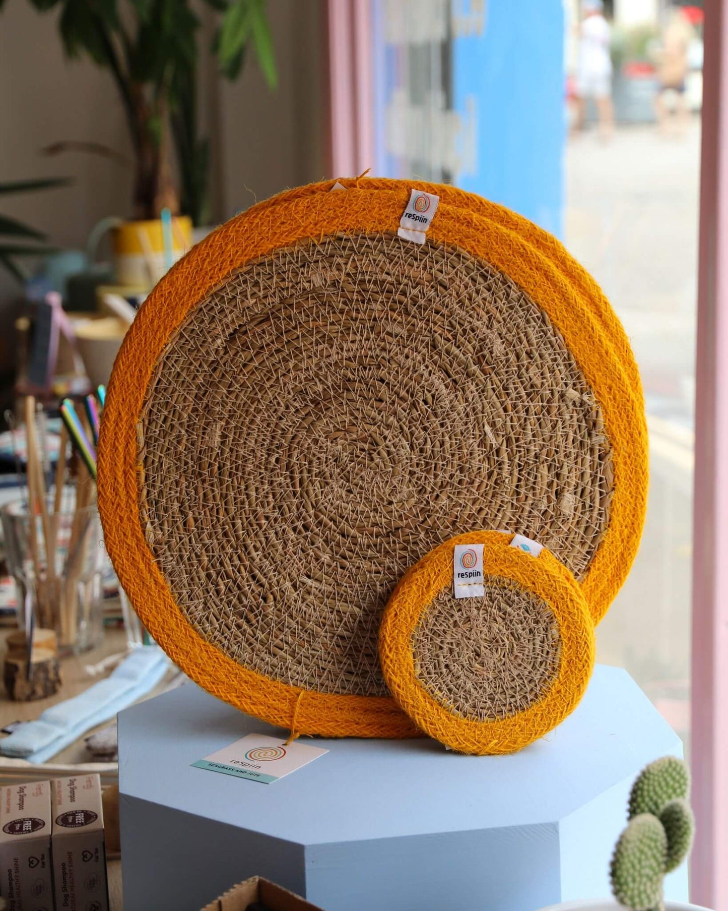 Jute + Seagrass Tablemats and Coasters - Yellow/Natural