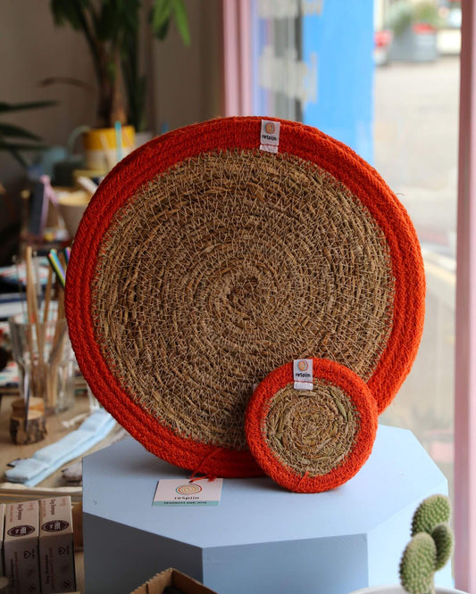 Jute + Seagrass Tablemats and Coasters - Orange/Natural
