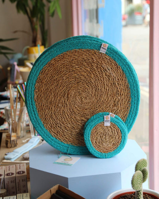 Jute + Seagrass Tablemats and Coasters - Turquoise/Natural